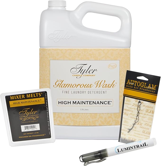 Tyler Candle Glamorous Wash Laundry Detergent, High Maintenance Bundle with Tyler Candle Mixer Melts, Autoglam Freshener, and Stain Remover Pen (1 Gallon)