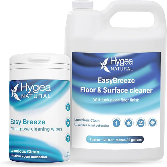 Hygea Natural EasyBreeze Ultimate Cleaning Bundle - PH Neutral Floor & Hard Surface Cleaner with All-Purpose Wipes - Luxurious Clean Scented (1 Gallon Floor Cleaner, 50 ct. Wipes)