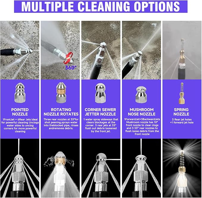 NIFUAL 50FT Sewer Jetter Kit for Pressure Washer, 5800PSI Pressure Drain Cleaner Hose 1/4 Inch NPT Corner, Rotating and Button Hose Sewer Jetting Nozzle Waterproof Tape Pearl Corsage Pin Spanner Glove
