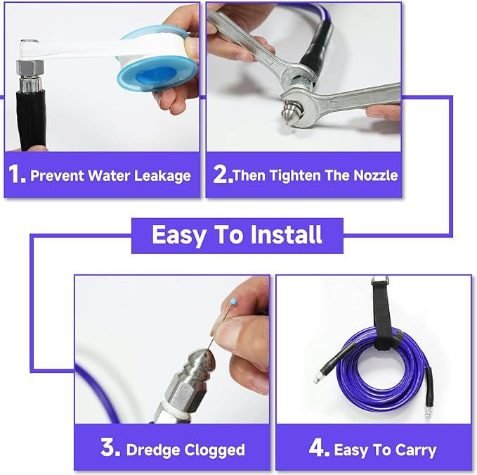 NIFUAL 100FT Sewer Jetter Kit for Pressure Washer, 5800PSI Drain Cleaner Hose 1/4 Inch NPT Corner, Rotating and Button Hose Sewer Jetting Nozzle Waterproof Tape Pearl Corsage Pin Spanner Glove