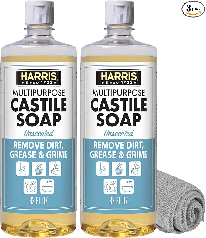 HARRIS Multi-Purpose Liquid Castile Soap for Home Cleaning, Use as Dish Soap, Laundry Detergent, Kitchen & Bathroom Surface Cleaner, Kids Room, 2 Pack of 32 Fl Oz with Microfiber Cloth (Unscented)