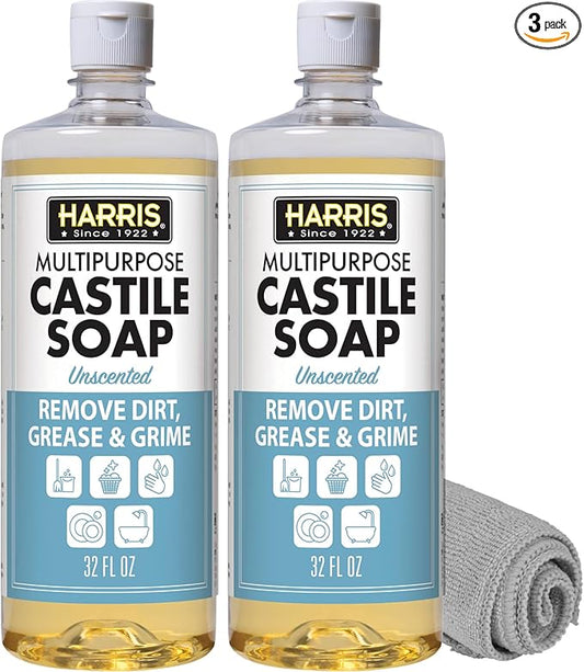 HARRIS Multi-Purpose Liquid Castile Soap for Home Cleaning, Use as Dish Soap, Laundry Detergent, Kitchen & Bathroom Surface Cleaner, Kids Room, 2 Pack of 32 Fl Oz with Microfiber Cloth (Unscented)