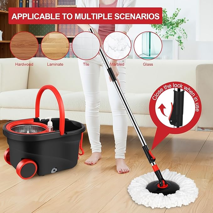 360° Spin Mop and Bucket System with Wringer - Includes 3 Microfiber Mop Refills & 50" Extended Handle for Floor Cleaning, Easy Squeeze, Efficient Home Cleaning Tool (Black) (Black Red)