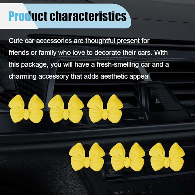 6PCS Bow Car Air Freshener Clips, Cute Air Conditioning Vent Clip, Aesthetic Car Interior Decoration Accessories, Automotive Dashboard Air Vent Trim Clip for Women Girl (Yellow)