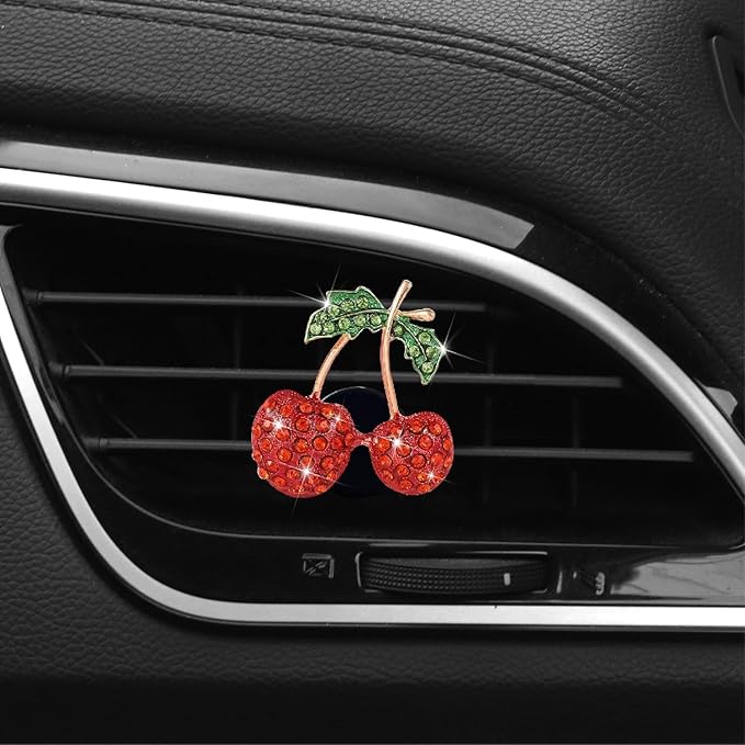 Red Cherry Car Air Vent Freshener Perfume Clip, Rhinestone Air Outlet Fragrance Perfume Clip Freshener, Car Decorations, Interior Accessories (Odor Random)(Ocean, lavender, cologne, peach)
