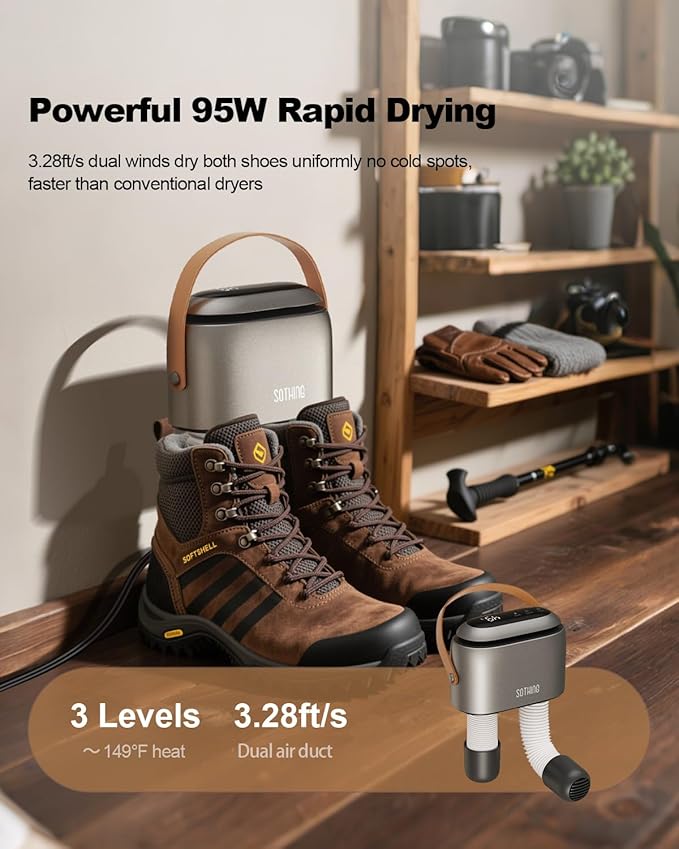 SOTHING Boot Dryer, Portable Shoe Dryer for Sneakers, Ozone Deodorizer, Retractable Hoses, 95W Rapid Drying, 3 Heat Levels, LED Touch Panel, 1–9H Timer, for Work Boots, Soccer Cleats, Gloves, Purple