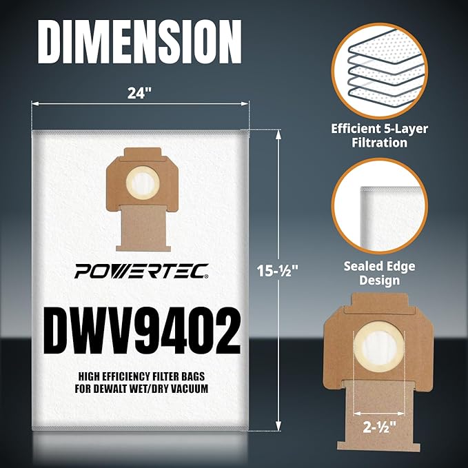 POWERTEC DWV9402 Fleece Bags for Dewalt 70PK, for Dewalt DWV010, DWV012, DWV015 8 & 10 Gallon Dust Extractor, Replacement Shop Vacuum Bags, Filter Bags for Dewalt (75029-Case14), Case of 70