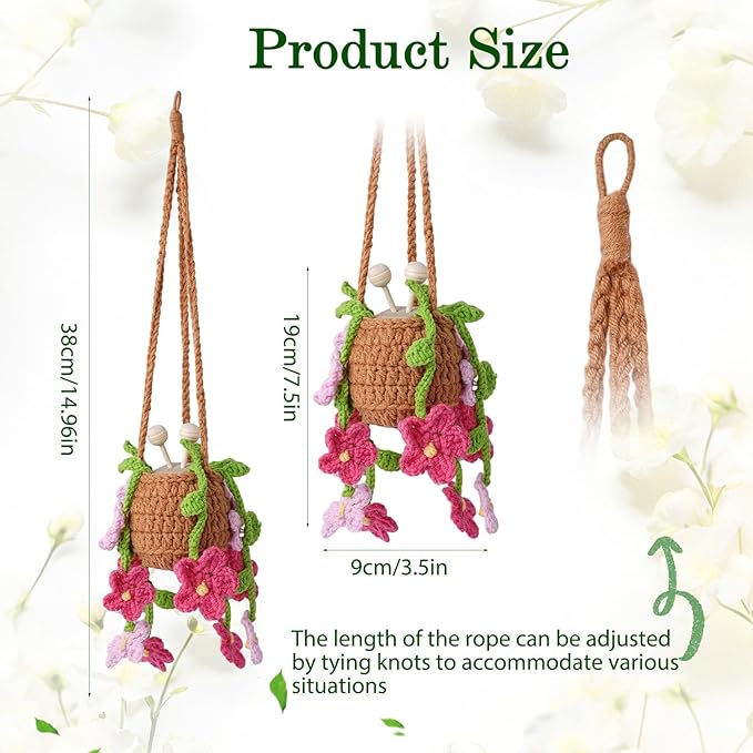 Crochet Car Air Freshener, 8 ml Empty Refillable Oil Diffuser Bottle with Hanging Crochet Red Daisies Plant & Hanging Tools, Car Rearview Mirror Diffuser for Wall Art & Home & Office Decoration