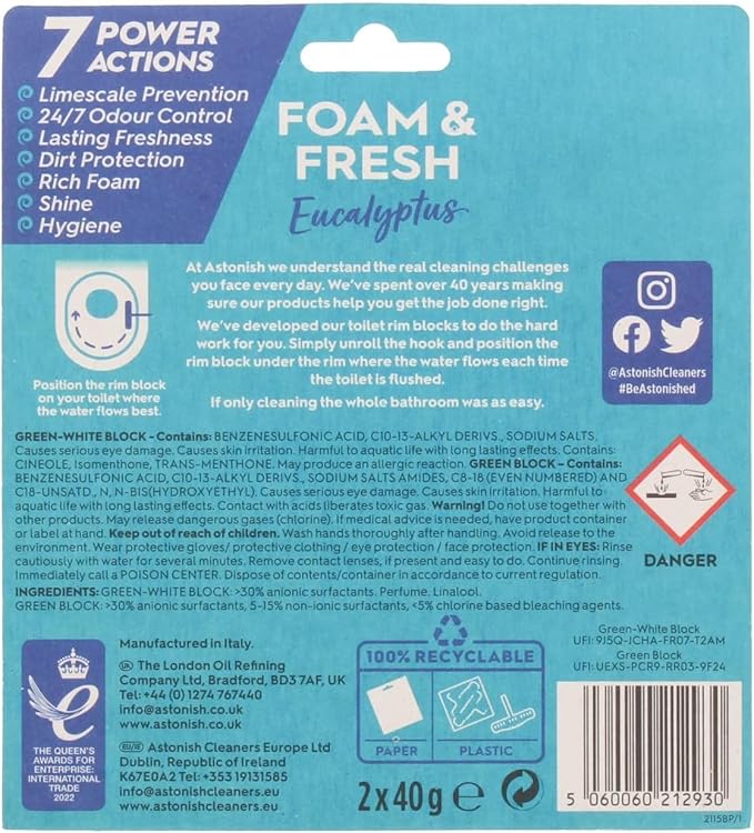 Astonish Foam & Fresh Fresh Eucalyptus Scented Toilet Blocks with Bleach - Powerful Odor Control Cleaning Formula Prevents Hard Water Stain Build Up – 2 Blocks, Freshness Up to 300 Flushes per Block