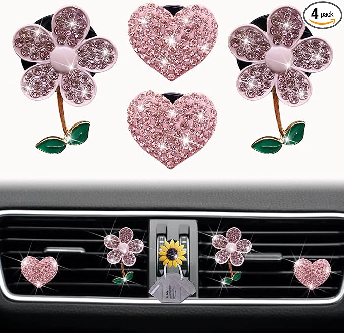 Bling Pink Daisy Car Air Fresheners with 4 Heart Vents Clips for Women's Carr deco + Mask Hook