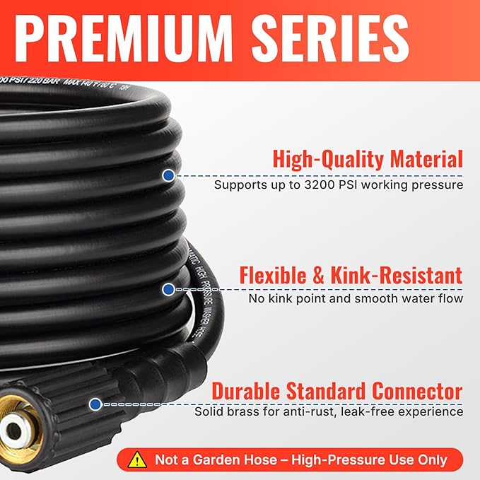 YAMATIC Pressure Washer Hose 50FT 1/4" Kink Resistant M22-14mm Brass Fitting 3200 PSI Power Washer Hose Replacement for Ryobi, Troy Bilt, Greenworks, CRAFTSMAN, Black