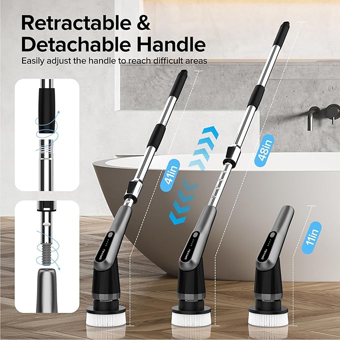 G2-Pro Electric Spin Scrubber - IPX7 Waterproof 12-in-1 Shower Cleaner Brush, Retractable Handle & 2-Speed for Bathroom, Bathtub, Kitchen, Tile Floors