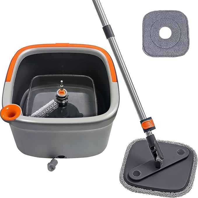 Spin Mop and Bucket Set with Self Separation Dirty and Clean Water System, Self Wringing 360° Rotating Square Mop-Head for Hardwood Tile Marble Floors(Mop Set and 1 Pads)