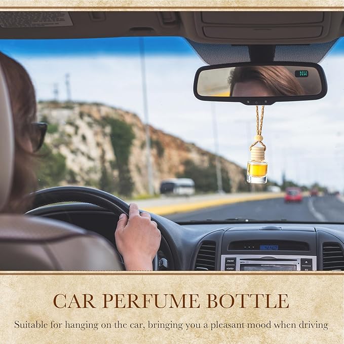 Zubebe 250 Pcs Hanging Car Diffuser Bottles Bulk, 5 Styles Empty Glass Refillable Air Freshener Bottles with Wooden Cap for Perfume Essential Oils Fragrance Aromatherapy Ornament, 8ml 10ml