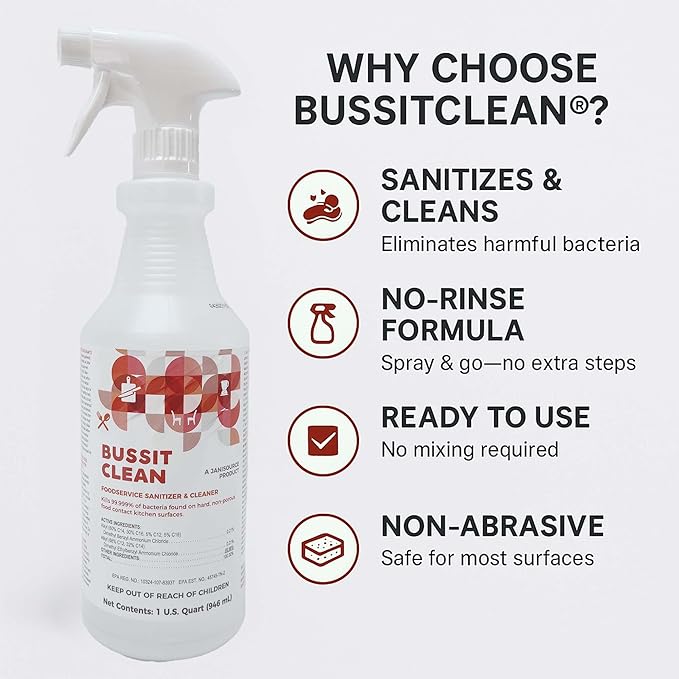 Bussit Clean Food Surface Sanitizer & Cleaner, Kills 99.9% of Kitchen Bacteria, Quart (6 Pack)