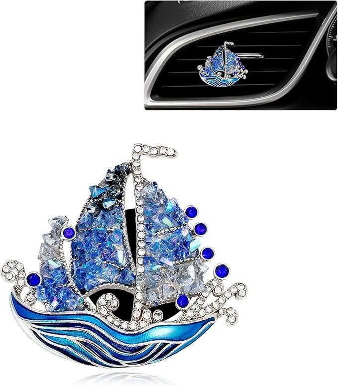 Nautical Car Decor,Coastal Sailboat Car Air Freshener Vent Clip,Cute Crystal Bling Blue Beachy Accessories for Women,Glitter Beach Ocean Themed Decoration Gift