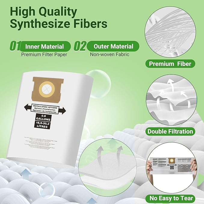 5 Pack Replacement for Shop Vac Bags 5-8 Gallon，Type E 90661 9066133, Type H 90671 9067133, VF2004, VHBS, VDBS, PETOX High-Efficiency Disposable Vaccum Collection Filter Bags