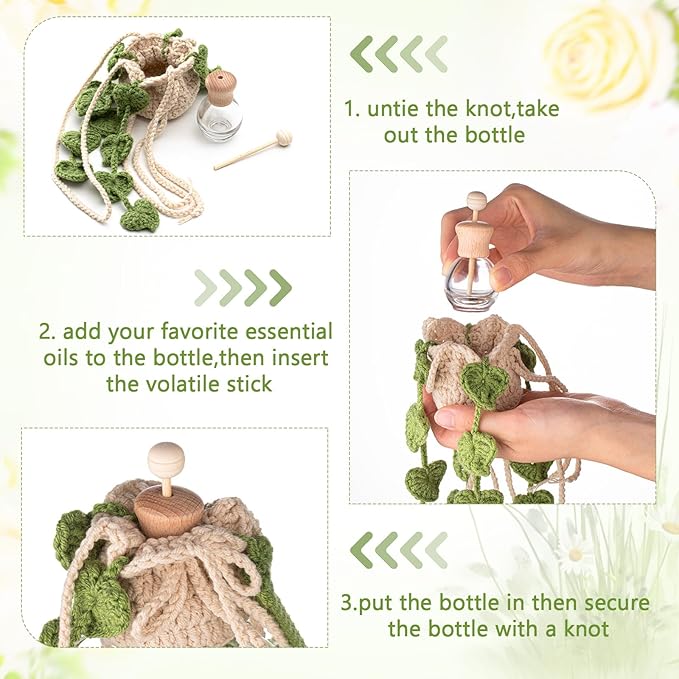 Cute Crochet Plant Car Freshener 12ml Empty Refillable Diffuser Bottle with Plants Hanging Accessories for Rearview Mirror Home Office Decor Women Mother's Day Gifts(Leave)