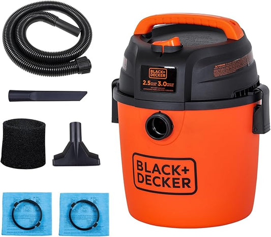 BLACK+DECKER 2.5 Gallon Shop Vac, 3 HP Wet Dry Vacuum with Powerful Suction, Portable for Garage Car and Home Use, Pet Hair Cleaning, Accessories Included, BDXV18134PA