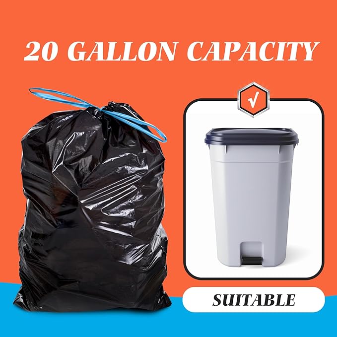 20 Gallon Large Drawstring Trash Bags 120 Counts, Fit 20-21 Gal Trash Can, Heavy Duty Tall Kitchen Garbage Liners, Large Trash Bags Size Chart for Home/Office, Outdoor Lawn & Leaf Bags, Black