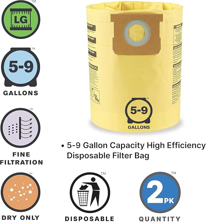 Shop-Vac 9067133 High Efficiency Disposable Vacuum Filter Bags, Fits 5-8 Gallon Tanks, Enhanced Filtration and Dust Control, (2-Pack)