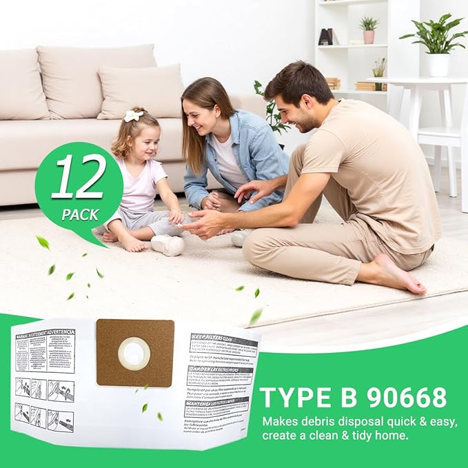 12 Pack 90668 Type B Filter Bags Compatible with Shop Vac 2-2.5 Gallon Dust Collection Filter Bag, All Around QAM70, Part# 90668/549712 9066800 9066833 L250 CMXZVBE38774