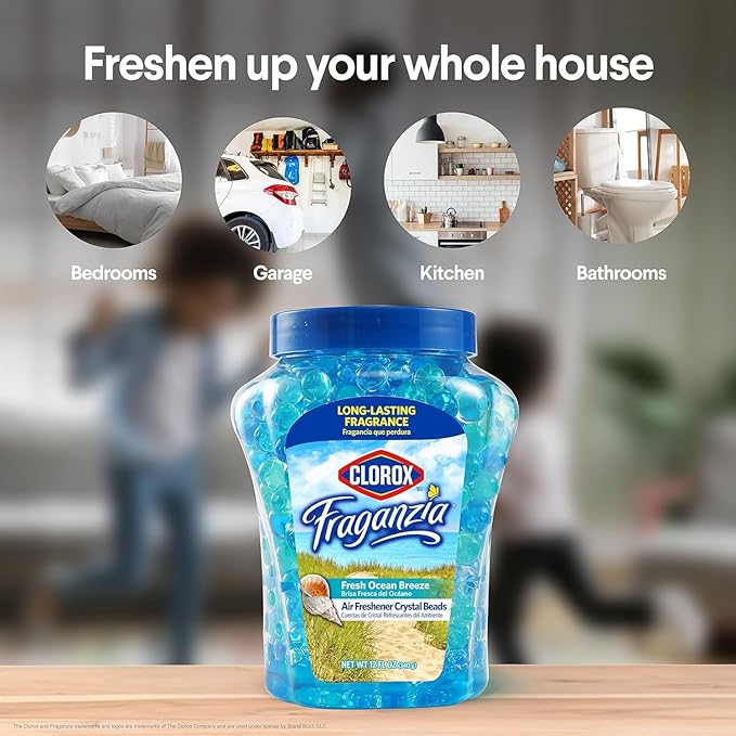Clorox Fraganzia Crystal Beads Air Freshener, Long Lasting Room Deodorizer and Odor Eliminator Gel Beads to Freshen Home, Car, or Office, Fresh Ocean Breeze Scent, 12 Fl Oz - 2 Pack
