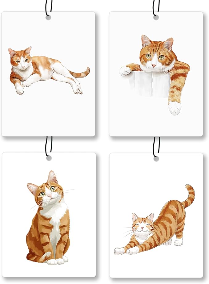 Funny Orange Tabby Cat Car Air Freshener 4 Pcs, Cute Orange Kitten Hanging Scents Air Freshener for Women Girls Gifts, Cat Lover Gifts Scented Car Accessories Decor for Room Closet Drawer