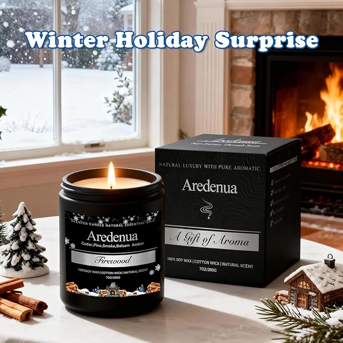 Firewood Candle – Winter Candles | Holiday Scented Candles, 7oz Jar Soy Candle for Home Scented - 50H Burn - Smoky Fireplace Cozy & Warm Scent, Aromatherapy Gifts for Women & Men, Rustic Holiday Décor