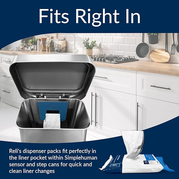 Reli. SuperFit Code J (60 Count) | Compatible with Simplehuman Code J | Dispenser Pack Custom Fit Liners | Drawstring Trash Bags | 30-45 Liter / 8-12 Gallon | White
