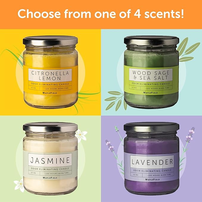 Maplefield Citronella Smoke Eliminator Scented Candle - Cooking & Kitchen Odor Neutralizer - Pet Odor Eliminator Home Freshener - Car Air Freshener & Room Deodorizer - 1 Oz, Yellow