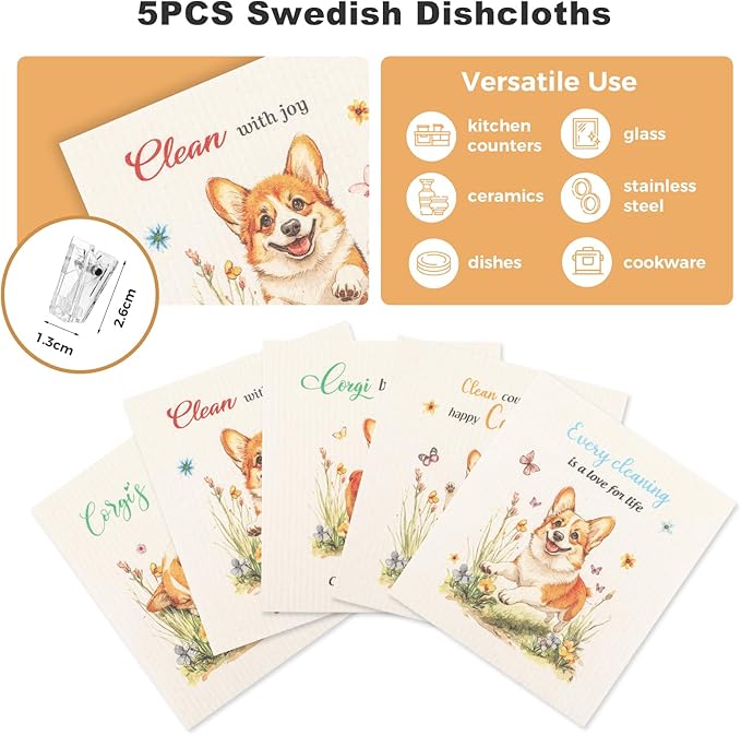5PCS Swedish Dishcloths for Kitchen, Reusable Dish Rags for Washing Dishes with Clips, Non-Scratch Kitchen Towels and Dishcloths Sets, Washable Swedish Dish Cloths, No Odor(Dog)