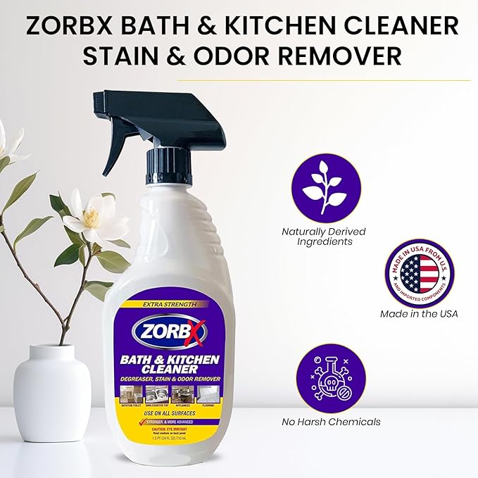 ZORBX Bathroom & Kitchen Odor & Stain Remover Spray (24 oz) - Extra-Strength All-Purpose Floor Cleaner W/Scrub-Free Formula - Fast-Acting Surface Cleaner, Countertop & Sink Cleaning Degreaser