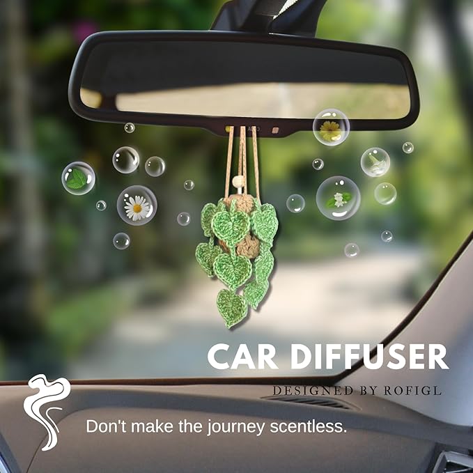 Handmade Crochet Hanging Car Air Freshener- Lifelike Green Pothos for Hanging with 12ml Thick Refillable Glass Diffuser Bottle, Suitable Decor for Car Rearview Mirror, Home & Wellness Spaces
