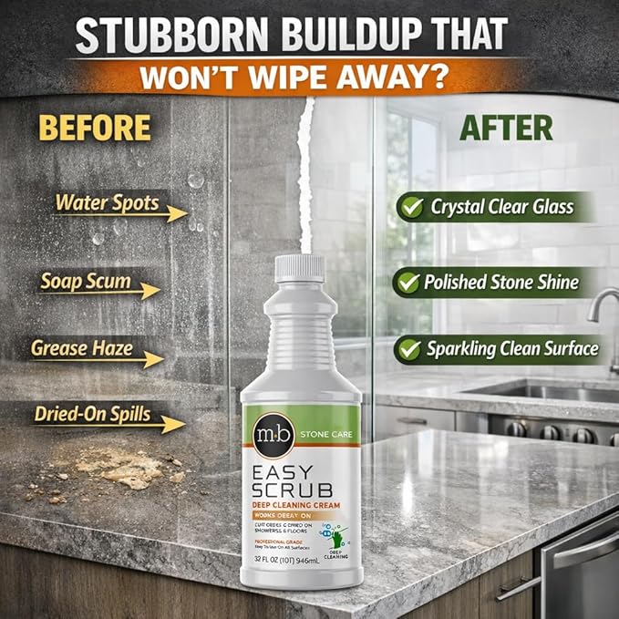MB Stone Granite, Quartz Marble, Stone Countertop Cleaner for Countertops Showers Floors, Removes Water Spots, Soap, Film, Grease, Easy Scrub Deep Cleaning Cream Professional Grade Abrasive