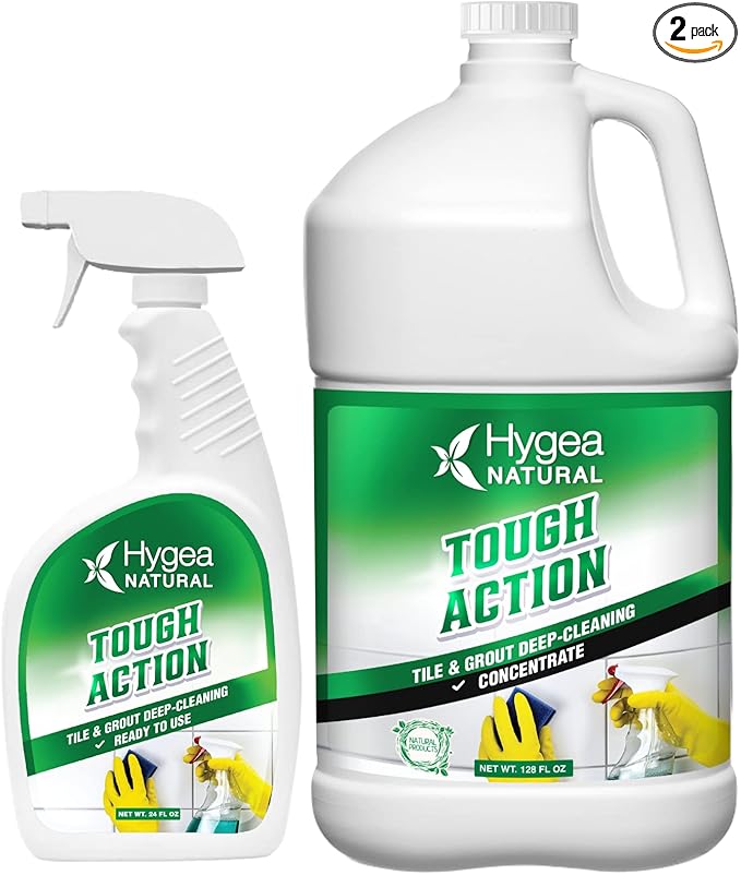 Hygea Natural Tough Action Tile & Grout Cleaner Duo - Deep Cleans Dirt & Scum, Conditions & Enhances Stone Color - Acid-Free & Residue-Free Biodegradable Formula (24 oz Spray + Concentrated Gallon)