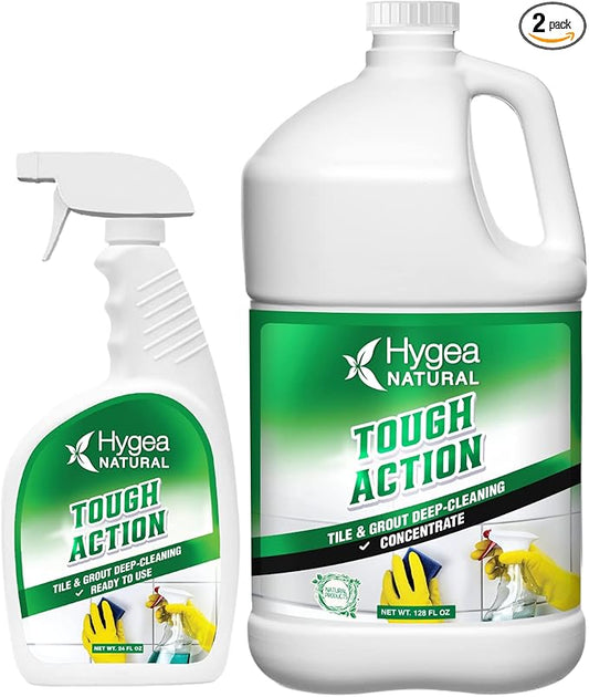 Hygea Natural Tough Action Tile & Grout Cleaner Duo - Deep Cleans Dirt & Scum, Conditions & Enhances Stone Color - Acid-Free & Residue-Free Biodegradable Formula (24 oz Spray + Concentrated Gallon)