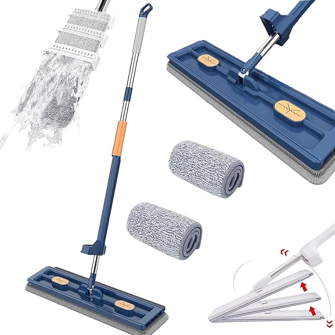 Large Flat Mop, 2023 New Large Flat Mop, Large Surface Flat Mop, Wall Cleaning with Long Handle, Reusable Portable Wet & Dry Lazy 12027(Blue Mop+2pcs Rag)