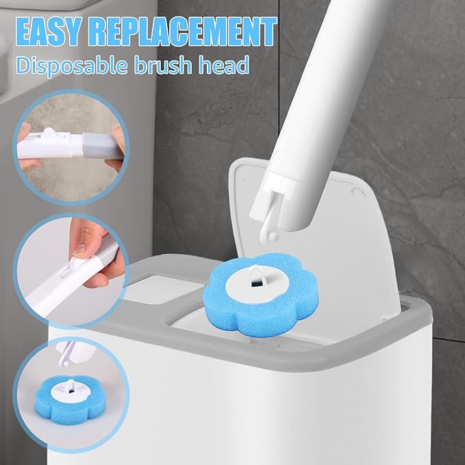 Disposable Toilet Cleaning Brush and Holder Set, 30 Refills, Disposable Toilet Brush, Non Woven Fabric and Sponge Bristles, Plastic Material, Purple