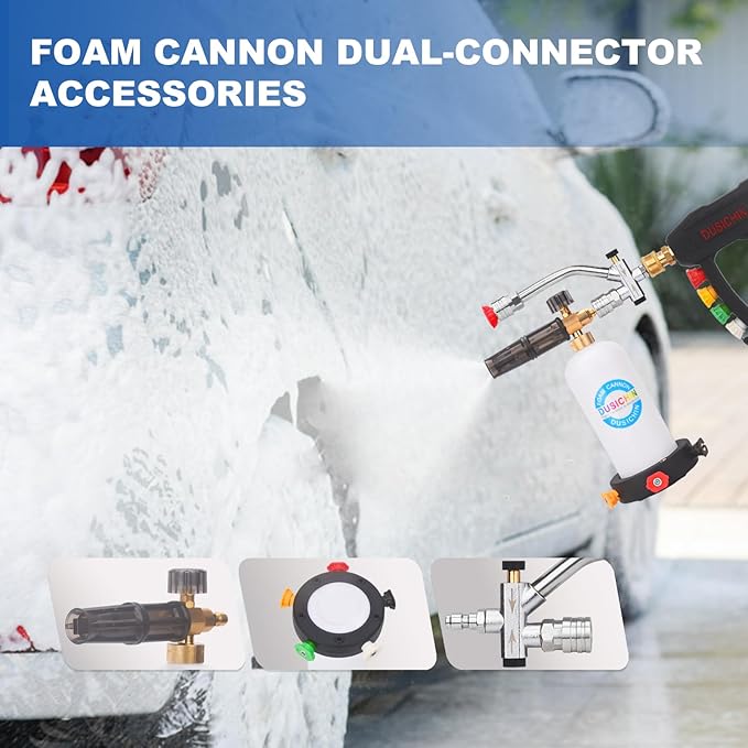 DUSICHIN Foam Cannon Snow Foam Lance Dual Ended Shift Valve For Pressure Washer, 5 Nozzle Tip Holder Dual Connector Wide Mouth Soap Cannon 5 Power Washer Sprayer Nozzles 1/4" Quick Connect Soap Cannon