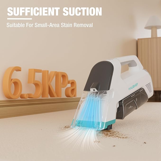 HAUSHOF Handheld Carpet Cleaner, 12V Cordless Portable Carpet Cleaner, 6.5KPa Spot Cleaner with 2 Water Tanks, Type-C Charge, Spot & Stain Cleaner, Handheld Upholstery Cleaner for Stairs, Car