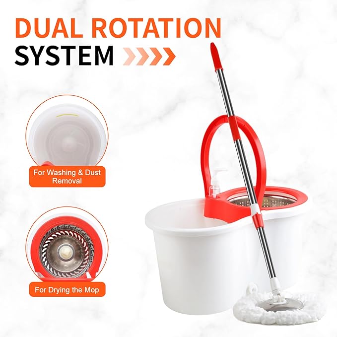 Spin Mop and Bucket with Wringer Set, 360°Spinning Mop Bucket System with Floor Scrub Brush 6 Microfiber Mop and Adjustable Long Handle for Floor Cleaning Dry and Wet Use