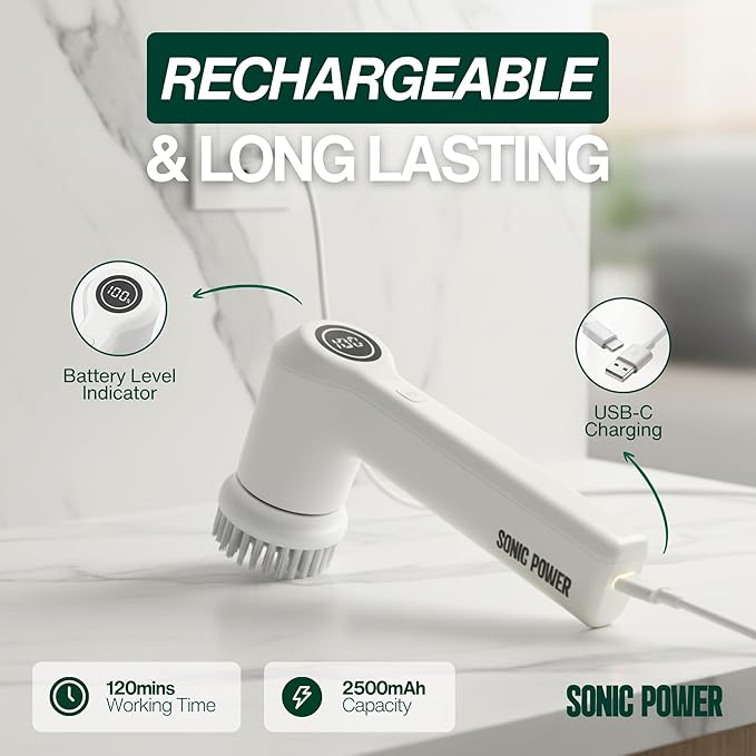 Electric Spin Scrubber – Handheld & Ergonomic, IPX7 Waterproof, 4 Multi-Purpose Brush Heads, Long-Lasting Rechargeable Battery – Cleans Dishes, Bathroom, Tile, Grout & Kitchen (White)