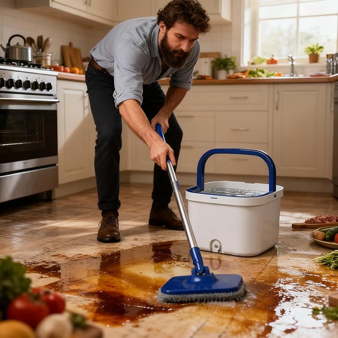 Spin Mop and Bucket Set - 360 Degree Rotating Adjustable Handle, Microfiber Floor Cleaner, Non-Slip Grip System | for Living Room Kitchen Bedroom Dining Room Apartment Basement Wood Tile Cleaning Use