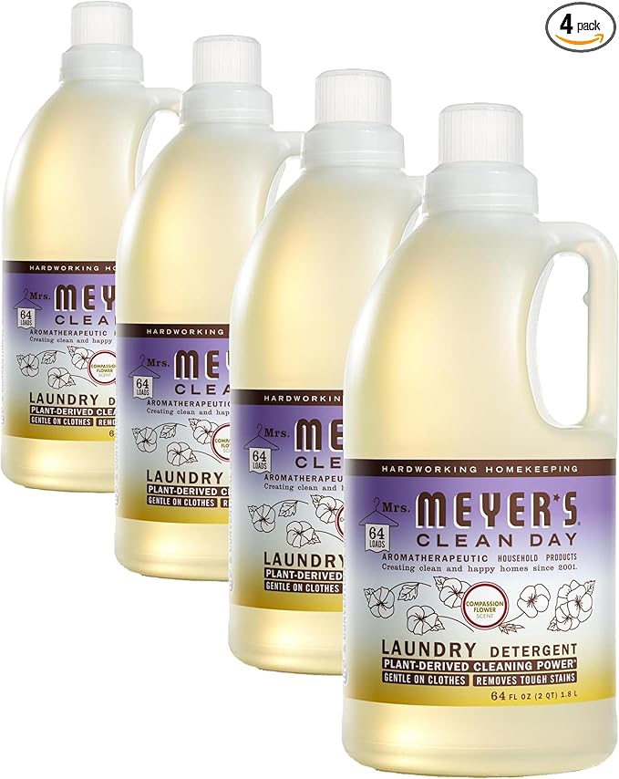 MRS. MEYER'S CLEAN DAY Liquid Laundry Detergent, Infused with Essential Oils, Compassion Flower, 64 oz (64 Loads) (Pack of 4)