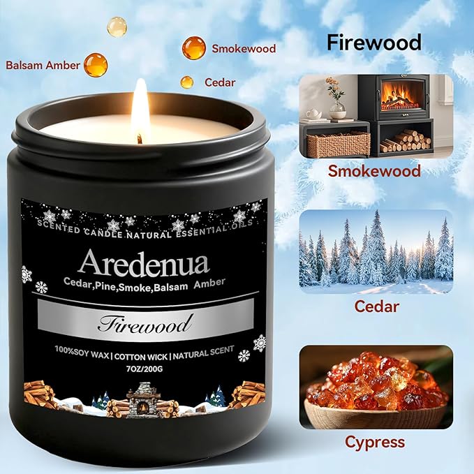 Firewood Candle – Winter Candles | Holiday Scented Candles, 7oz Jar Soy Candle for Home Scented - 50H Burn - Smoky Fireplace Cozy & Warm Scent, Aromatherapy Gifts for Women & Men, Rustic Holiday Décor