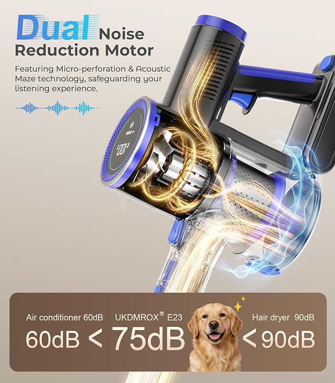 Cordless Vacuum Cleaner, 550W 50KPa 45Mins Vacuum Cleaners for Home, Self-Standing Stick Vacuum with Anti-Tangle Brush & LED Display for Hardwood Floors, Carpet, Pet Hair, Car