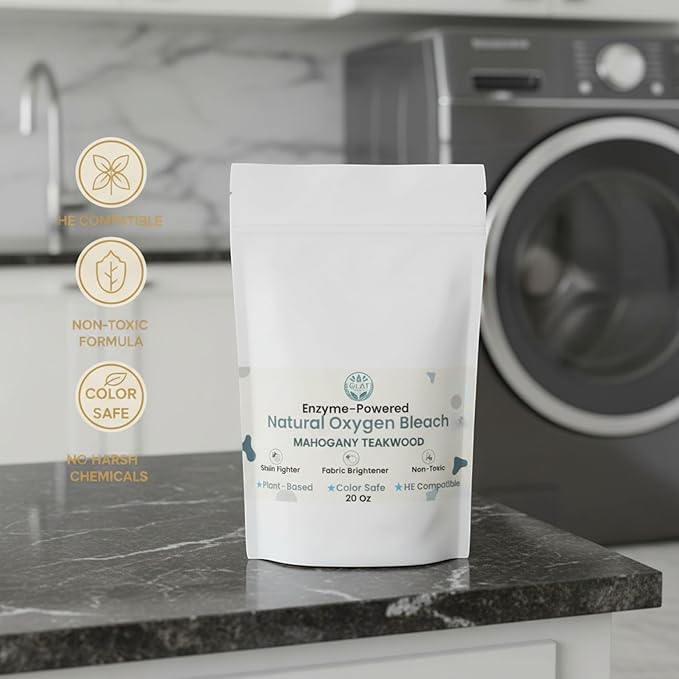 Enzyme-Powered Natural Oxygen Bleach (Powder) - Mahogany Teakwood | Chlorine-Free Stain Remover & Laundry Whitener | Safe for Colors, Septic, Baby Clothes | Eco-Friendly Cleaner | 20 Oz