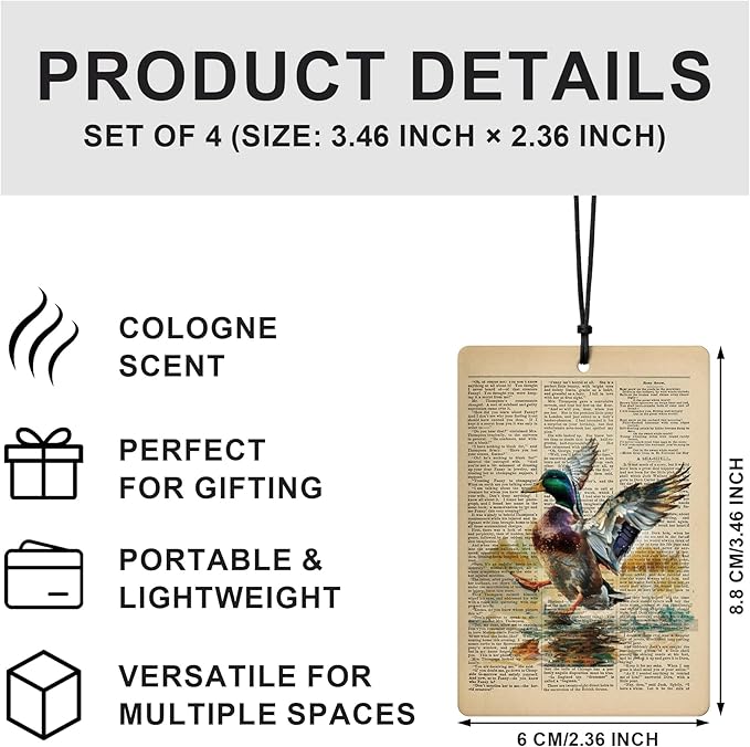 Vintage Mallard Duck Car Air Freshener 4 Pcs, Gifts for Duck Lovers, Rustic Wildlife Waterfowl Hanging Air Freshener for Cars Closet Drawer Books, Retro Car Accessories for Women,XP040-GLCY
