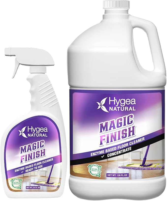 Hygea Natural Magic Finish Enzyme-Based Floor Cleaner - Clean Formula - Removes Grease Buildup in Tile & Grout - for All Hard Floors (Ready to Use 24oz + Concentrated Gallon)